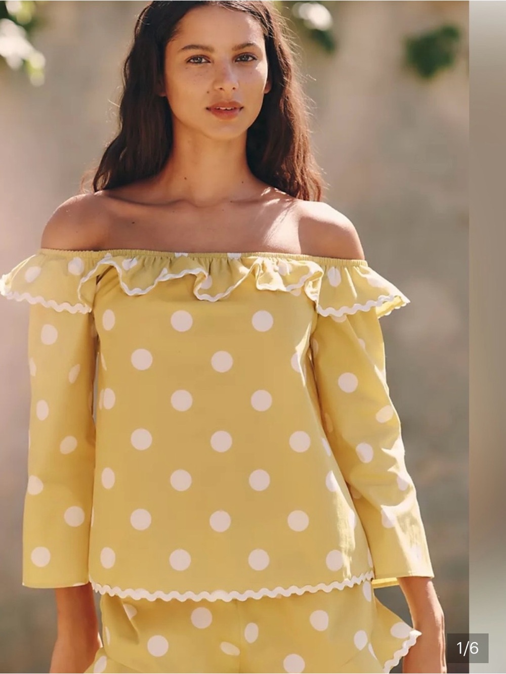 Anthropologie Celendine off the shoulder polka dot top